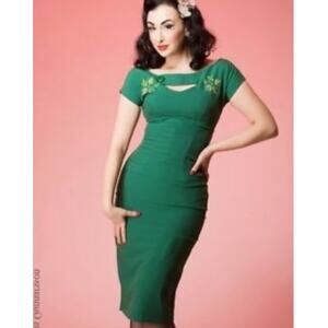 BETTIE PAGE Dress LRG Tatyana Sierra Green Keyhole Embroidered Pencil Bombshell